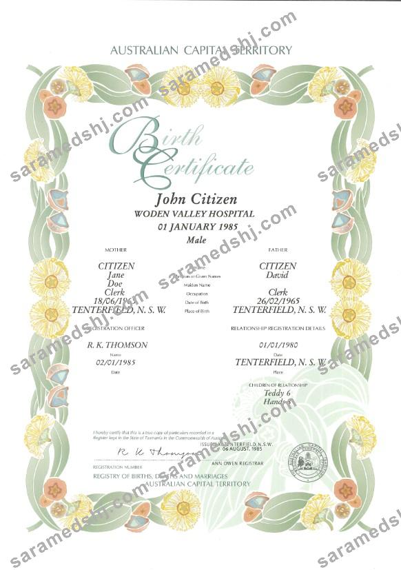 Australia Australian Capital Territory decorative (commemorative) birth certificate template in PSD format